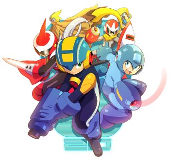 Rule 34 | 6+boys, android, arm blade, arm cannon, armor, assault visor, bass.exe (mega man), bass (mega man), blue eyes, blue helmet, bodysuit, cloak, commentary, english commentary, fins, forehead jewel, green eyes, head fins, helmet, highres, long hair, male focus, mega man (character), mega man (series), mega man battle network (series), megaman.exe, multiple boys, netnavi, open mouth, proto man, protoman.exe, red armor, red helmet, robot, smile, sword, ultimatemaverickx, weapon, white hair