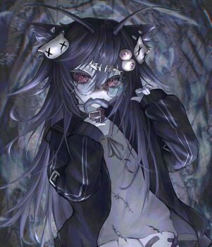 1girl absurdres animal_collar animal_ears antennae bandaid bandaid_on_face bandaid_on_nose black_hair black_jacket cat_ears cat_girl collar commentary commission cowboy_shot english_commentary eyeball_hair_ornament fang fish fish_in_mouth fish_skeleton_hair_ornament glasses grey_shirt hair_between_eyes hands_up highres jacket long_hair long_sleeves looking_at_viewer mdm4 mouth_hold open_clothes open_jacket original purple_eyes round_eyewear shirt skin_fang solo