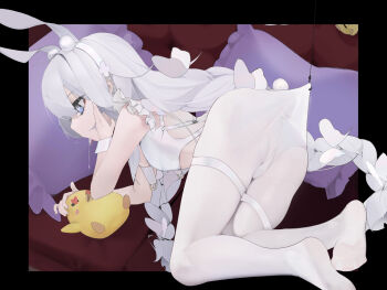 +_+ 1girl absurdres animal_ears azur_lane blue_eyes braid breasts butterfly_hair_ornament chinese_commentary commentary_request couch drooling fake_animal_ears fake_tail feet fish_hook fishing_line hair_ornament hairband highres hook le_malin_(azur_lane) le_malin_(listless_lapin)_(azur_lane) legs long_hair low_twin_braids manjuu_(azur_lane) nanonuo no_shoes open_mouth pillow playboy_bunny rabbit_ears rabbit_tail saliva silver_hair sleeveless small_breasts soles spitting tail thigh_strap tongue twin_braids very_long_hair wrist_cuffs