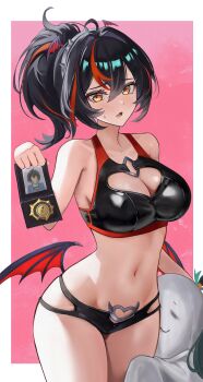 2girls absurdres badge bikini black_bikini black_hair border breasts cleavage_cutout clothing_cutout commentary demon_costume demon_wings fake_wings ghost_costume green_hair highres holding_badge jyn_jyn large_breasts multicolored_hair multiple_girls navel orange_eyes photo_(object) pink_background police_badge ponytail qingyi_(zenless_zone_zero) red_hair short_hair stomach streaked_hair sweatdrop swimsuit thighs two-tone_hair white_border wings zenless_zone_zero zhu_yuan