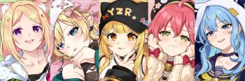 5girls :3 :d ahoge aki_rosenthal aki_rosenthal_(gaming_casual) animal_ear_fluff animal_ears animal_hat animal_hood aqua_eyes bare_shoulders baseball_cap bell beret black_choker black_collar black_hat black_jacket black_sailor_collar black_shirt blonde_hair blue_background blue_eyes blue_hair blunt_bangs blush border bow bowtie breast_tattoo breasts cable_knit cardigan cat_ears cat_hat cat_hood choker cleavage_cutout closed_mouth clothing_cutout collar colored_inner_hair column_lineup cross-laced_headwear double-parted_bangs drop_shadow ear_piercing earrings fang flower_hairclip green_background green_jacket hair_between_eyes hair_ornament hairclip hairpin hands_on_own_cheeks hands_on_own_face hat head_rest heart heart_necklace hololive hood hood_up hooded_jacket hoshimachi_suisei hoshimachi_suisei_(sailor) jacket jewelry jingle_bell large_breasts long_hair long_sidelocks long_sleeves looking_afar looking_at_viewer low_twintails multicolored_hair multicolored_jacket multiple_girls multiple_hairpins multiple_piercings nail_polish neck_bell necklace no_horns off_shoulder official_alternate_costume official_alternate_hair_length official_alternate_hairstyle open_clothes open_jacket open_mouth overalls parted_bangs parted_lips pierced_hat piercing pink_background pink_hair pink_nails pixie_cut pointy_ears portrait purple_eyes red_bow red_bowtie rena_sakuma sailor_collar sakura_miko sakura_miko_(casual) school_uniform shirt short_hair sidelocks simple_background skin_fang sleeveless sleeveless_turtleneck smile star_(symbol) star_in_eye streetwear sweater swept_bangs symbol_in_eye tank_top tattoo teeth turtleneck turtleneck_sweater twintails two-sided_fabric two-sided_jacket upper_body upper_teeth_only v v_over_mouth virtual_youtuber white_hat white_jacket white_overalls white_shirt white_tank_top wide_ponytail winged_heart winged_heart_tattoo yellow_background yellow_bow yellow_bowtie yellow_cardigan yellow_eyes yozora_mel yozora_mel_(streetwear) yuzuki_choco yuzuki_choco_(streetwear)