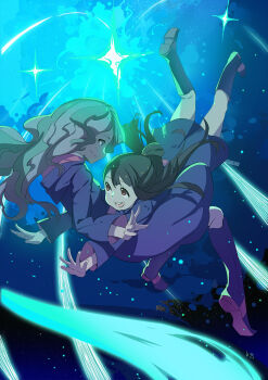 10s bad_id bad_pixiv_id blonde_hair blue_eyes blue_robe boots brown_eyes brown_hair club3 diana_cavendish floating graphite_(medium) highres hooded_robe hug kagari_atsuko little_witch_academia long_hair looking_at_another magic open_hands open_mouth puffy_sleeves robe smile traditional_media