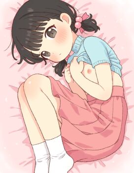 1girl black_hair blush clothes_lift commentary_request loli lying nipples on_side onyhakase original pink_skirt skirt socks solo twintails