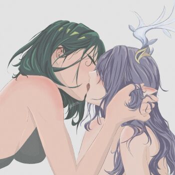 2girls antlers bare_arms breasts closed_eyes commentary english_commentary french_kiss genshin_impact green_hair grey_background hand_in_another&#039;s_hair highres hlltllh horns kiss lauma_(genshin_impact) long_hair medium_hair multiple_girls nefer_(genshin_impact) pointy_ears purple_hair sideboob signature simple_background tongue yuri