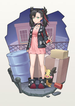 1girl asymmetrical_bangs backpack bag barrel black_boots black_choker black_hair black_jacket boots box breasts building chain-link_fence choker cleavage dress ear_piercing fence full_body gen_8_pokemon green_eyes hair_ribbon highres holding holding_poke_ball jacket kurosara looking_at_viewer marnie_(pokemon) morpeko morpeko_(full) nintendo piercing pink_dress poke_ball poke_ball_(basic) pokemon pokemon_(creature) pokemon_swsh red_ribbon ribbon small_breasts standing thighs twintails undercut v