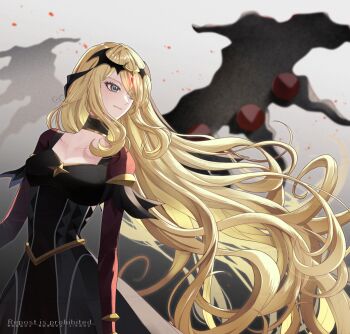 1girl black_choker black_dress blonde_hair breasts choker cleavage closed_mouth cynthia_(pokemon) cynthia_(sygna_suit)_(renegade)_(pokemon) dress eyelashes gen_4_pokemon giratina grey_eyes hair_ornament hair_over_one_eye highres legendary_pokemon long_hair long_sleeves nintendo official_alternate_costume pokemon pokemon_(creature) pokemon_masters_ex sakaralalala tiara very_long_hair wings