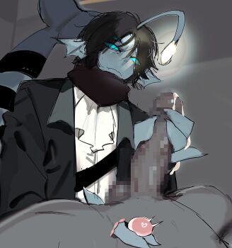 2boys accessories anglerfish anglerfish_boy ascot belt black_hair black_jacket black_scarf blue_scales blue_sclera blue_skin censored cetacean_tail claws closed_mouth colored_sclera colored_skin cum cum_on_body cum_on_hands erection extra_eyes fang fingering fingernails fins fish fish_tail glansjob glaring glowing handjob handjob_while_fingering head_fins heart highres jacket long_sleeves lying merfolk merman monster_boy mosaic_censoring multiple_belts multiple_boys open_clothes open_jacket parted_bangs penis player_character_(roblox) pressure_(roblox) prostate prostate_milking prostate_orgasm roblox scarf sea_snake sebastian_solace sharp_fingernails shirt short_hair skin_fang sweatdrop tail testicles third_eye white_ascot white_shirt white_undershirt yaoi