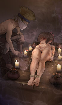 2boys absurdres arms_behind_back bdsm blood bondage bound bound_arms bound_legs bound_wrists censored chi_lian_(yewang19) completely_nude feet highres male_focus multiple_boys nipples nude original penis penis_piercing piercing restrained rope shibari small_penis small_testicles soles stationary_restraints testicles tied_up_(nonsexual) torture trap yewang19 zenra