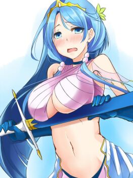 1girl bare_shoulders blue_eyes blue_gloves blue_hair breasts choker commentary_request criss-cross_halter elbow_gloves gloves gold_tiara hair_ornament halterneck holding holding_sword holding_weapon kosuke_(bb) large_breasts long_hair midriff sword uchi_no_hime-sama_ga_ichiban_kawaii underboob vivienne_(uchihime) weapon