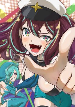 2girls aqua_dress aqua_eyes aqua_hair aqua_skirt bare_shoulders black_thighhighs breasts brown_hair cleavage dress fang grin hat highres holding holding_microphone hooded_dress leberblume loco_musica looking_at_viewer magical_girl mahou_shoujo_ni_akogarete microphone multiple_girls neckerchief_between_breasts open_mouth pencil_skirt pointing pointing_at_viewer procreate_(medium) purple_eyes sailor_collar sharp_teeth skirt smile teeth tetsuo0821 thighhighs white_hat