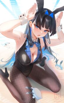 1girl alternate_costume animal_ear_hairband animal_ears armpits black_hair black_leotard black_pantyhose black_shoes blue_bow blue_bowtie blue_eyes blue_hair blunt_bangs blunt_ends blush bow bowtie breasts cleavage colored_inner_hair commentary_request fake_animal_ears fishnet_pantyhose fishnets from_above hair_behind_ear hair_intakes hairband hands_up high_heels highres hololive hololive_english kronie_(ouro_kronii) lapels large_breasts leotard long_hair looking_at_viewer multicolored_hair open_mouth ouro_kronii padoruu pantyhose playboy_bunny rabbit_ear_hairband rabbit_ears rabbit_pose rabbit_tail shoes sitting solo sweat tail virtual_youtuber wariza wrist_cuffs