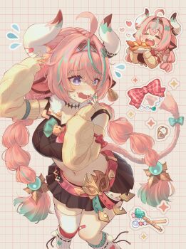 1girl ahoge animal_ears artist_name bandaid bandaid_on_leg blush bow braid breasts cow_ears cow_horns cow_tail detached_sleeves ear_bell eating genshin_impact grid_background hairband heart highres horns hot_dog kruhhkake large_breasts leg_warmers long_hair midriff miniskirt navel pink_hair purple_eyes single_thighhigh skirt tail thighhighs twin_braids varesa_(genshin_impact) wavy_mouth white_leg_warmers