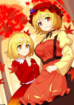 Rule 34 | 2girls, aki minoriko, aki shizuha, apron, autumn leaves, black ribbon, black skirt, blonde hair, breasts, choker, closed mouth, collared shirt, commentary request, dated, gradient clothes, gradient skirt, grape hat ornament, hair ornament, hat, highres, leaf, leaf hair ornament, long sleeves, looking at viewer, mist9801km, mob cap, multiple girls, orange apron, outdoors, print apron, red eyes, red hat, red shirt, red skirt, ribbon, ribbon choker, shirt, siblings, sisters, skirt, smile, touhou, tree, wheat print, yellow eyes, yellow shirt