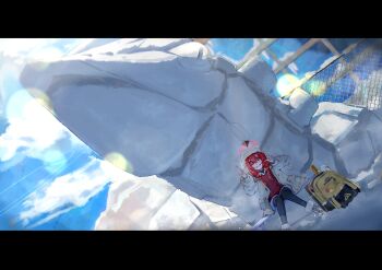 1girl ^_^ absurdres backpack bag beanie binah_(blue_archive) black_pantyhose blue_archive blue_sky boots braid brown_boots chain-link_fence closed_eyes cloud cloudy_sky commentary_request double_l dutch_angle fence fur-trimmed_boots fur_trim grey_hat grey_jacket grin halo hands_up hat highres jacket l_hand long_hair maki_(blue_archive) maki_(camp)_(blue_archive) minibi_(minibeat) open_clothes open_jacket outdoors pantyhose red_hair red_halo red_sweater sky smile snow snowman solo sweater twin_braids winter yellow_bag