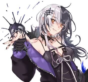 Rule 34 | 1girl, arm warmers, black arm warmers, black choker, black coat, black dress, black hair, black nails, breasts, choker, cleavage, coat, creature, dress, fur-trimmed coat, fur trim, grey hair, hair between eyes, hair ornament, head tilt, highres, hololive, hololive english, lace-trimmed choker, lace trim, large breasts, long hair, multicolored hair, nail polish, rugi rugi, shiori novella, shiori novella (1st costume), sleeveless, sleeveless dress, smile, solo, split-color hair, split mouth, striped arm warmers, two-tone hair, virtual youtuber, white hair, yellow eyes, yorick (shiori novella)