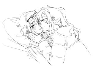 2girls alternate_costume alternate_hairstyle chinese_commentary closed_eyes coat commentary commentary_request eyewear_on_head greyscale hand_on_another&#039;s_face headband imminent_kiss jiguang_haibao koishikawa_iko long_sleeves momijiyama_teru monochrome multiple_girls ponytail semi-rimless_eyewear short_hair shy_(series) winter_clothes winter_coat yuri