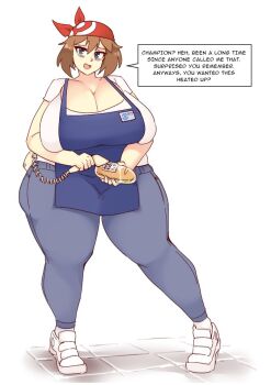Rule 34 | 1girl, aged up, bandana, blue eyes, breasts, brown hair, cleavage, curvy, female focus, food, full body, huge breasts, looking at viewer, may (pokemon), nintendo, pokemon, pokemon rse, rtil, sandwich, short hair, solo, speech bubble, thick thighs, thighs, wide hips