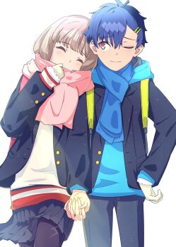 Rule 34 | 1boy, 1girl, absurdres, asanaka yomogi, black jacket, black pantyhose, blue eyes, blue hair, blue scarf, blush, brown hair, closed eyes, couple, gridman universe, hair ornament, hairclip, hetero, highres, holding hands, hood, hoodie, jacket, long hair, long sleeves, minami yume, one eye closed, pantyhose, pink scarf, pleated skirt, rickey, scar, scar on hand, scar on leg, scarf, school uniform, shirt, short hair, skirt, smile, ssss.dynazenon, yellow eyes