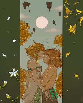 1boy 1girl armlet blonde_hair braid closed_eyes cloud commentary earrings english_commentary floating_island flower from_side highres jewelry leaf link looking_at_another multiple_scars nintendo pointy_ears princess_zelda profile sad scar scar_on_arm scar_on_back scar_on_chest scar_on_face sun tears the_legend_of_zelda the_legend_of_zelda:_tears_of_the_kingdom topless_male verieas