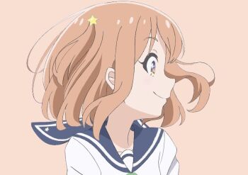 1girl blue_sailor_collar closed_mouth collarbone feet_out_of_frame female_focus hair_between_eyes hair_ornament happy koisuru_asteroid konohata_mira long_sleeves looking_to_the_side multicolored_eyes orange_hair qb_(qb46311027) sailor_collar school_uniform serafuku shirt short_hair simple_background smile solo standing star_(symbol) star_hair_ornament upper_body white_shirt