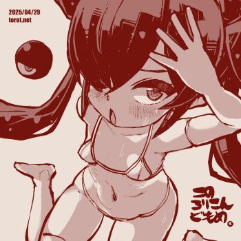 1girl :o backbeako_(torotei) backbeard bikini blush breasts commentary dated dated_commentary elbow_gloves from_above gegege_no_kitarou gloves hair_over_one_eye hair_ribbon hand_on_own_head kono_lolicon_domome loli long_hair looking_at_viewer looking_up micro_bikini monochrome navel no_shoes open_mouth original paid_reward_available pear-shaped_figure pointy_ears red_theme ribbon ribs simple_background sitting small_breasts solo sweat swimsuit thighhighs torotei translated twintails wariza watermark web_address white_background