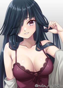 1girl black_hair breasts brown_eyes camisole commentary_request gradient_background grey_background hair_over_one_eye hayashimo_(kancolle) hime_cut kantai_collection long_hair looking_at_viewer medium_breasts parted_lips purple_camisole ruin_re_birth solo twitter_username upper_body very_long_hair