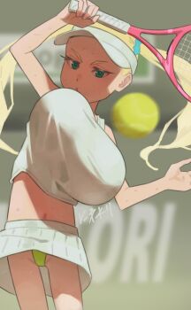 1girl :o aqua_eyes arm_up artist_name bad_id bad_pixiv_id ball bare_shoulders blonde_hair blue_scrunchie bouncing_breasts breasts cameltoe exercising green_panties hair_ornament hair_scrunchie hat highres holding holding_tennis_racket huge_breasts kusogaki-chan_(niwatori5948) loli long_hair miniskirt motion_blur navel niwatori5948 oppai_loli original panties pantyshot pleated_skirt scrunchie signature skinny skirt solo sportswear standing sweat tank_top tennis tennis_ball tennis_racket tennis_uniform training twintails unaligned_breasts underwear upskirt v-shaped_eyebrows visor_cap white_hat white_skirt white_tank_top