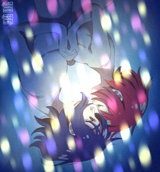 1boy 1girl amate_yuzuriha ariamikukanzaki blue_hair breasts closed_eyes commentary convenient_censoring english_commentary film_grain gundam gundam_gquuuuuux hetero holding_hands interlocked_fingers medium_breasts nude red_eyes red_hair short_hair shuji_ito upside-down watermark