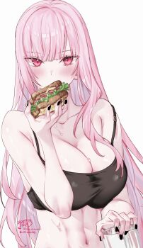 1girl absurdres black_bra black_nails blunt_bangs blush bra breasts cleavage commentary cup food hand_up highres holding holding_cup holding_food hololive hololive_english kamiya_maneki large_breasts long_hair looking_at_viewer mori_calliope nail_polish navel pink_eyes pink_hair sandwich sidelocks simple_background solo straight_hair strap_slip symbol-only_commentary toned toned_female underwear upper_body very_long_hair virtual_youtuber white_background