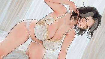 1girl adjusting_hair black_hair bra breasts cleavage closed_mouth commentary commission glasses grey_hair indoors kitsune-neko large_breasts looking_at_viewer multicolored_hair on_bed original panties smile solo two-tone_hair underwear underwear_only white_bra white_panties yellow_eyes