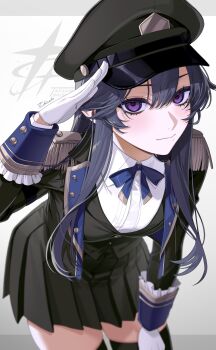 1girl absurdres artist_name black_thighhighs blush bow breasts commentary_request epaulettes gloves hat highres leaning_forward long_hair looking_at_viewer military_uniform original peaked_cap pleated_skirt purple_eyes salute skirt solo tatsuma_daisuke thighhighs white_gloves wrist_cuffs