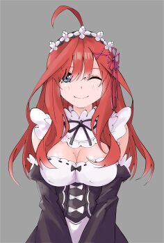 Rule 34 | 1girl, absurdres, ahoge, alternate costume, bad source, black sleeves, blue eyes, blush, breasts, cleavage, closed mouth, detached collar, detached sleeves, dress, go-toubun no hanayome, grey background, hair ornament, hair ribbon, highres, ldeeeeeeeeeejo, long hair, long sleeves, looking at viewer, maid headdress, medium breasts, nakano itsuki, one eye closed, purple ribbon, re:zero kara hajimeru isekai seikatsu, ribbon, roswaal mansion maid uniform, simple background, solo, star (symbol), star hair ornament, strapless, strapless dress, upper body, x hair ornament