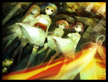 Rule 34 | 4girls, arm warmers, bandaged leg, bandages, bare arms, bare legs, bare shoulders, barefoot, black arm warmers, black border, black sclera, blue hair, blunt bangs, blunt ends, border, bow, bowtie, bright pupils, brown hair, chinese commentary, closed eyes, collarbone, colored sclera, commentary request, cross-laced clothes, cross-laced dress, dress, dutch angle, full body, gift, hair ornament, hair scrunchie, hands on own cheeks, hands on own face, head tilt, light blush, long hair, looking at viewer, marking on cheek, multiple girls, no mouth, orange hair, original, outdoors, red sash, red scrunchie, sash, scrunchie, short dress, short hair, short twintails, shoulder blush, sleeveless, sleeveless dress, straight hair, strapless, strapless dress, tanzaku, tree, twintails, under tree, waist sash, white arm warmers, white bow, white bowtie, white dress, white pupils, wu xiao xian