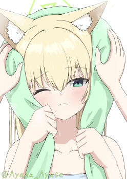 1girl 1other ;( absurdres after_bathing animal_ear_fluff ayana_ayase bare_shoulders blonde_hair blue_archive blush closed_mouth collarbone commentary_request drying drying_hair eyes_visible_through_hair frown furrowed_brow green_eyes green_halo hair_between_eyes hair_down halo hands_up highres kurumi_(blue_archive) long_hair looking_at_viewer pov pov_hands simple_background solo_focus split_mouth towel towel_on_head wet white_background