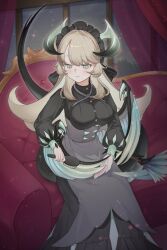 Rule 34 | 1girl, absurdres, black dress, blonde hair, blush, breasts, chamber dragonmaid, comb, dragon girl, dragon horns, dragon tail, dragon wings, dress, duel monster, duster, green eyes, green tail, green wings, highres, horns, large breasts, long hair, long sleeves, maid, maid headdress, multicolored horns, senada37, smile, tail, two-tone horns, wings, yu-gi-oh!