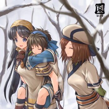 Rule 34 | 3girls, ainu clothes, alternate costume, arms behind back, black hair, blue eyes, breasts, brown hair, carrying, hair ribbon, happy, itouei, legs, long hair, manari, medium breasts, multiple girls, nakoruru, nakoruru ano hito kara no okurimono, official alternate costume, open mouth, piggyback, ribbon, rimururu, samurai spirits, short hair, shorts, siblings, sisters, sleeping, smile, snk, snow, thighs, walking, winter
