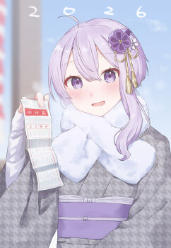 1girl 2026 ahoge alternate_costume blurry blurry_background blush day double-parted_bangs fur_scarf grey_kimono hair_between_eyes hair_ornament highres holding houndstooth japanese_clothes kanzashi kimono kirima_(zs_at_) long_sleeves looking_at_viewer obi obiage obijime omikuji open_mouth outdoors print_kimono purple_eyes purple_hair sash shirt smile solo upper_body vocaloid voiceroid white_shirt wide_sleeves yuzuki_yukari