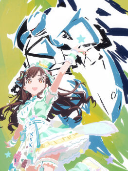 1girl absurdres arm_up brown_eyes brown_hair cobwvmeti commentary_request dress frilled_dress frilled_thigh_strap frills green_background green_dress gundam hair_ornament hat highres idolmaster idolmaster_shiny_colors long_hair looking_at_viewer mecha mini_hat puffy_short_sleeves puffy_sleeves red_eyes robot see-through_clothes see-through_sleeves short_sleeves sonoda_chiyoko thigh_strap turn_a_gundam turn_x wrist_cuffs