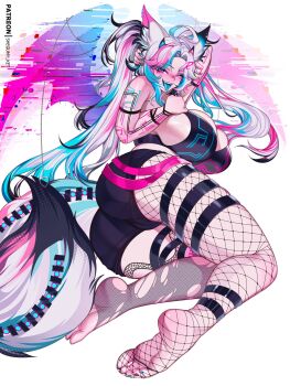 1girl ahoge animal_ears artist_name ass asymmetrical_legwear bad_tag bare_shoulders black_hair blue_hair blush body_markings breasts cameltoe colored_tongue commission fangs feet fishnets heart-shaped_piercing highres indie_virtual_youtuber large_breasts long_hair looking_at_viewer lying mismatched_legwear multicolored_hair multicolored_nails nail_polish on_side one_eye_closed piercing pink_eyes pink_hair ravenna_nya seductive_smile shorts sideboob sitting smile soles solo tail thigh_strap thighs toenail_polish toenails toes tongue tongue_out tongue_piercing torn_clothes virtual_youtuber white_background white_hair