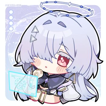 1girl blue_background border chibi chibi_only chinese_commentary colored_eyelashes commentary_request earrings gradient_background grey_hair hair_intakes hair_ornament hair_over_one_eye halo hand_up highres holographic_interface jewelry kyou_039 long_hair mornye_(wuthering_waves) multiple_rings parted_lips purple_background red_eyes ring solo thinking triangle_earrings twitter_username white_border wuthering_waves