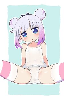 1girl absurdres blue_eyes blush cameltoe double_bun female_focus hair_bun hairband highres kanna_kamui kobayashi-san_chi_no_maidragon legs loli looking_at_viewer one-piece_swimsuit purple_hair ran_xuan sitting solo spread_legs swimsuit thighhighs white_one-piece_swimsuit
