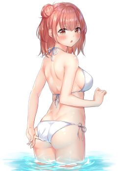 1girl :o adjusting_clothes adjusting_swimsuit ass back back_focus bikini bikini_bottom_pull blush breasts butt_crack commentary_request from_behind hair_bun halterneck highres large_breasts looking_at_viewer looking_back lowleg lowleg_bikini median_furrow medium_hair meri-san orange_eyes orange_hair pulling_own_clothes shoulder_blades side-tie_bikini_bottom sideboob single_hair_bun single_side_bun solo string_bikini swimsuit wading water white_background white_bikini yahari_ore_no_seishun_lovecome_wa_machigatteiru. yuigahama_yui