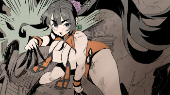 1girl absurdres black_hair breast_curtain breast_curtains breasts brown_hair china_dress chinese_clothes dress highres holding large_breasts long_hair original solo standing wuxia yecherin_(cherin)