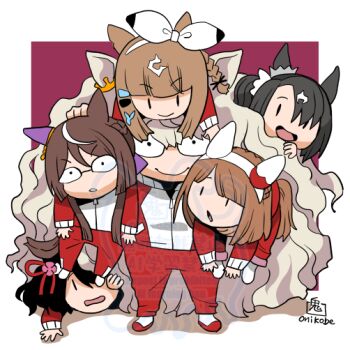 Rule 34 | 6+girls, almond eye (umamusume), animal ears, big hair, biwa hayahide (umamusume), black hair, blunt bangs, bow, braid, brown hair, chibi, chibi only, closed mouth, commentary request, ear covers, full body, glasses, grey hair, half up braid, horse ears, horse girl, horse tail, jacket, kitasan black (umamusume), long hair, long sleeves, looking at viewer, multicolored jacket, multiple girls, onikobe rin, open mouth, pants, red background, red jacket, red pants, red shoes, royce and royce (umamusume), satono crown (umamusume), shoes, short hair, simple background, single ear cover, smile, standing, tail, tracen training uniform, two-tone background, two-tone jacket, umamusume, very long hair, watermark, white background, white bow, white jacket, yukino bijin (umamusume), | |