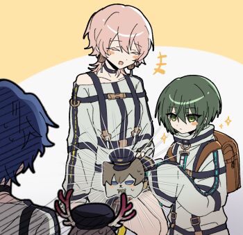 +++ 1boy 1other 2girls animal animal_on_lap animalization backpack bag belt black_choker black_outline blue_hair blue_hat blush_stickers brown_bag child choker closed_eyes collarbone earrings es_(milgram) green_eyes green_hair hair_between_eyes hat highres jackalope_(milgram) jewelry kusunoki_muu looking_at_animal milgram momose_amane multiple_girls o-ring off-shoulder_shirt off_shoulder on_lap outline peaked_cap pink_hair prison_clothes randoseru sakurai_haruka_(milgram) shirt short_hair simple_background sitting sleeves_past_fingers sleeves_past_wrists smile sparkle strap tanuki24036 white_shirt