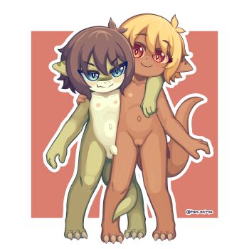 1boy 1girl blonde_hair blue_eyes blush breasts brown_eyes brown_hair character_request cleavage cleft_of_venus clitoris furry furry_female furry_male hen_anima loli navel pussy short_hair shota small_penis smile standing tail