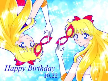 2girls aino_minako bishoujo_senshi_sailor_moon blonde_hair blue_eyes blue_sailor_collar blue_skirt bow choker codename_wa_sailor_v crescent crescent_choker crescent_facial_mark domino_mask dual_persona elbow_gloves eye_mask facial_mark forehead_mark gloves hair_bow komekko1109 long_hair mask multiple_girls pleated_skirt red_bow sailor_collar sailor_senshi_uniform sailor_v sailor_venus shoulder_pads skirt smile white_gloves