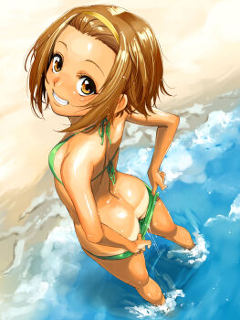 1girl arms_behind_back ass back bad_id bad_pixiv_id bare_legs bare_shoulders beach bikini bikini_pull bikini_tan breasts brown_eyes brown_hair butt_crack clothes_pull day downpants dripping female_focus flat_chest forehead foreshortening from_above from_behind full_body green_bikini grin hairband highres k-on! kneepits legs looking_at_viewer looking_back looking_up mumu ocean outdoors presenting_tanlines pulling_own_clothes shiny_skin small_breasts smile soaking_feet solo standing swimsuit tainaka_ritsu tan tanline tanlines teeth wading water wet wet_clothes