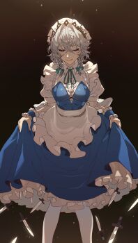 1girl absurdres apron blue_dress blue_eyes blue_wrist_cuffs bow braid breasts commentary_request dress frilled_wrist_cuffs frills green_bow green_ribbon grey_hair hair_bow highres izayoi_sakuya knife long_hair looking_at_viewer maid maid_headdress neck_ribbon one_eye_closed pantyhose puffy_short_sleeves puffy_sleeves ribbon shimiya_jin short_sleeves skirt_hold smile solo touhou twin_braids waist_apron white_apron white_pantyhose wrist_cuffs