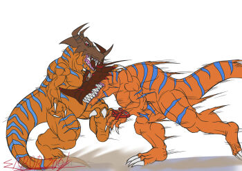 Rule 34 | digimon, digimon (creature), dinosaur, errork03, fighting, geogreymon, gloves, greymon, headbutt, helmet, highres, kicking, red eyes, running, signature, white background